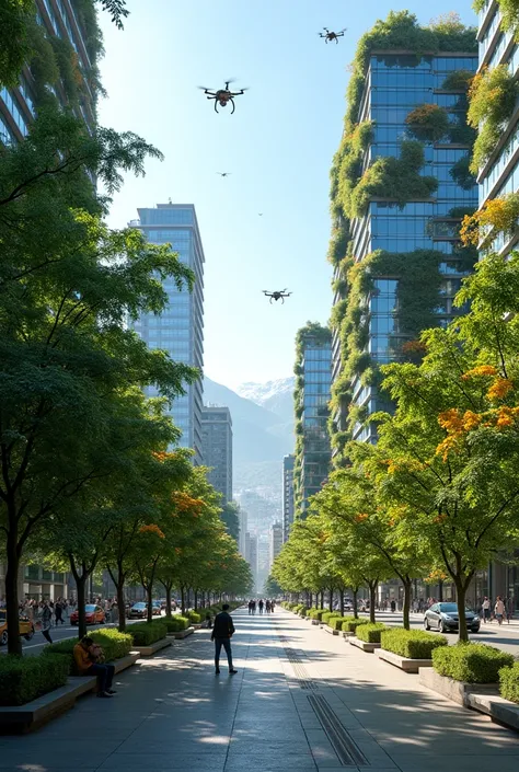 Santiago de Chile in 2030 with lots of technology and vegetation