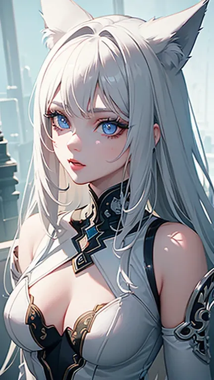 a young wolf-girl, beautiful detailed eyes,, extremely detailed face, long eyelashes, in a high-tech room, wearing simple white clothes, ,cinematic lighting,vibrant colors,digital art,concept art,intricate details,highly detailed