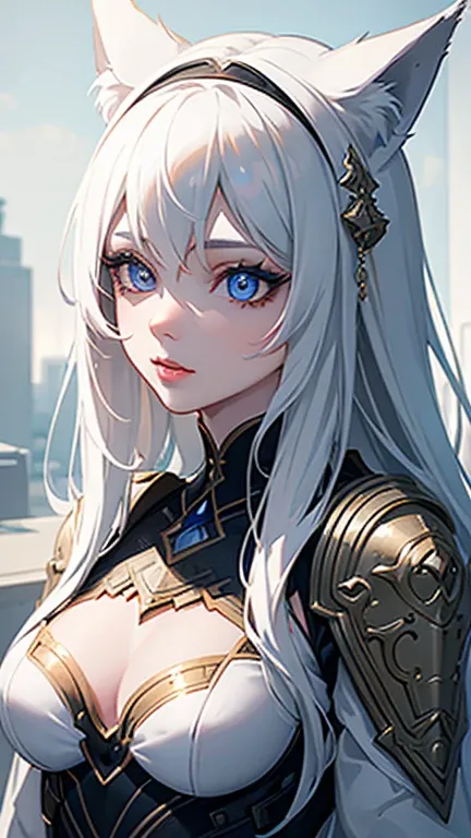 a young wolf-girl, beautiful detailed eyes,, extremely detailed face, long eyelashes, in a high-tech room, wearing simple white clothes, ,cinematic lighting,vibrant colors,digital art,concept art,intricate details,highly detailed