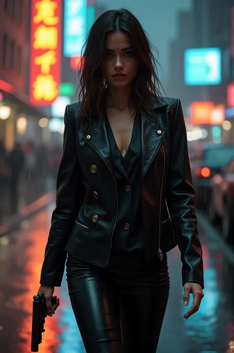 
Cinematic image of a brunette woman in a black leather suit walking under rain on a city street, sleek tailored trousers reflecting wet pavement, glistening droplets cascading off her shoulder-length hair, determined expression accentuated by the dim stre...