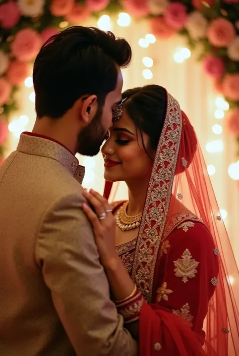 pakistani brides face is on grooms shoulder and only her eyes are exposed 