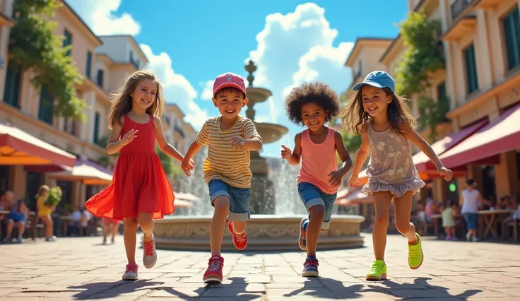 In a bustling city square, a group of diverse children play and laugh together, their energy and joy infectious to all who pass by. Each child brings their own unique personality and style to the group, creating a beautiful tapestry of friendship.