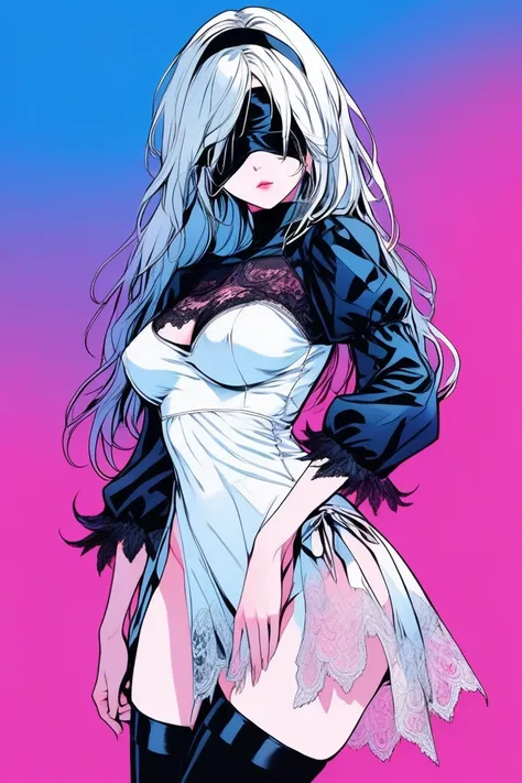 
Illustrator, anime , Realistic ,sketch , 1 person, model, lip, A translucent gothic white mini dress with lots of lace, blindfold, eye covered, black blindfold, order, Blue and pink gradient background, Neon colored long hair, Big Breasts,Upper Body, Sexy...