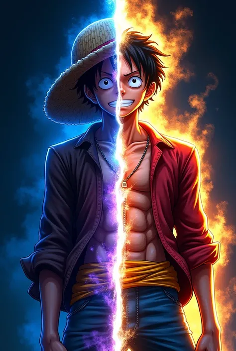 create art inspired by Monkey D. Luffy, in neon style, I will describe an image where it appears in two distinct phases:

On one side, Luffy is weak, with his head down and the straw hat covering part of his face. His expression is dark and tired, represen...