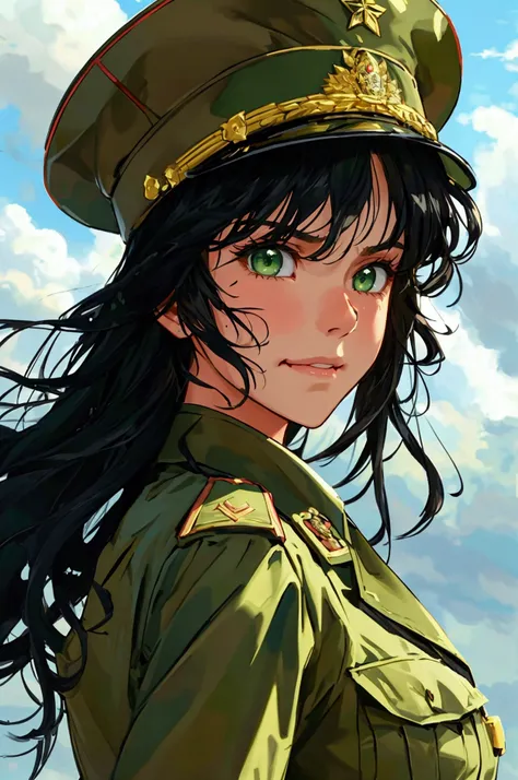 masterpiece, best quality, solo, 1girl, black long wavy hair:1.2, green eyes, frowning:0.6, smiling:1.1, looking at viewer, military, tank background, officer modern uniform, uniform pants, outdoor, dynamic lighting, frowning, scolding, big sized breasts