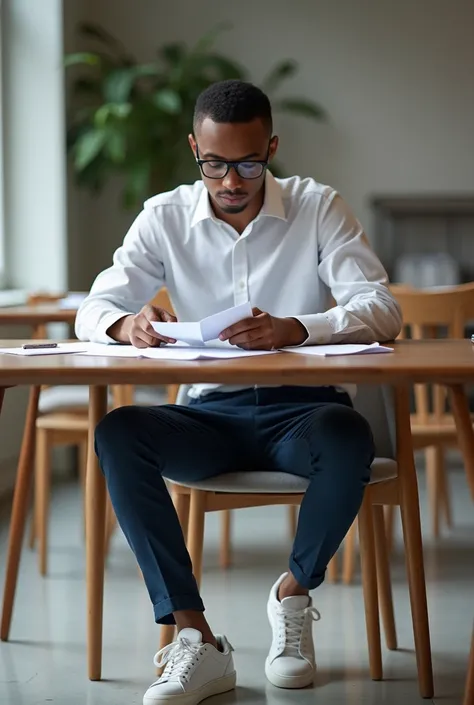 best qualityer:1.4), (ultra high resolution:1.2), (photorrealistic:1.4), (8k, CRU photo:1.2), a thin young man of 20 years old, brown skin , with a smooth, beardless face, with short hair, with shaved sides and a slightly low top, Hes wearing a white shirt...