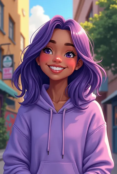 Drawing of a light-skinned Brazilian woman, Round face, shoulder length straight purple hair, wearing purple hoodie