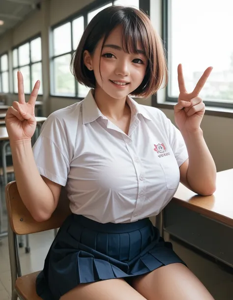 self-introduction、big breasted japanese schoolgirl、short hair cheeky face、peace sign