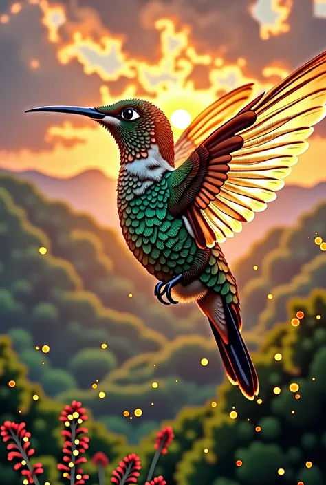 (Close-up of a majestic masterpiece:1.5)0.9], (Strong and united hummingbird:1.2), (Detailed golden armor:1.1), (Radiant light around the hummingbird:1.1), (Epic scenery symbolizing unity and determination:1.0)