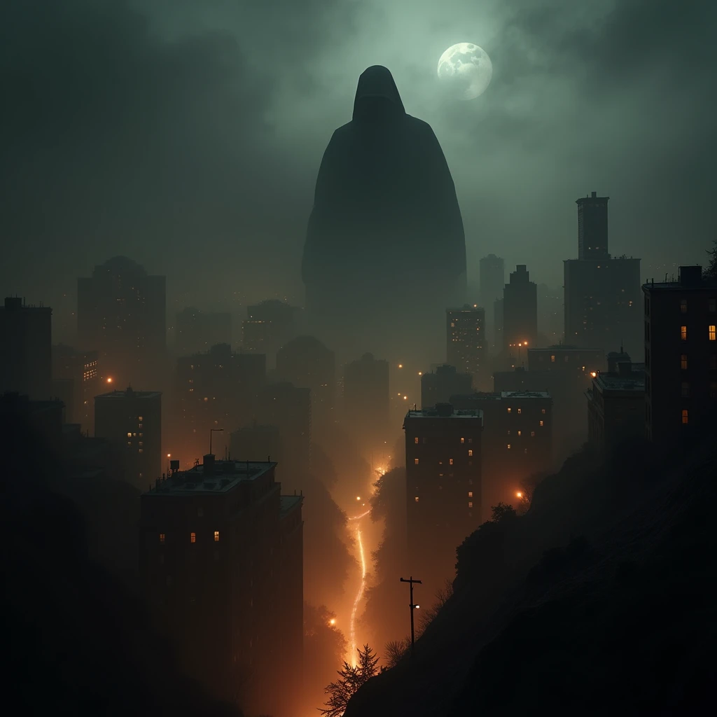 San Francisco city “SF” in a dimly lit, eerie atmosphere, surrounded by a thick, swirling dark mist that clings to the city, with a clear, menacing shadowy figure looming within, its presence palpable and foreboding, evoking a sense of dread and unease; th...