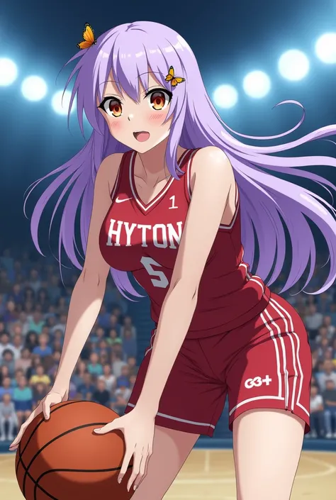 Shinobu kocho from demon slayer in basket ball jersey with her boobs almost about to fall of her jersey
