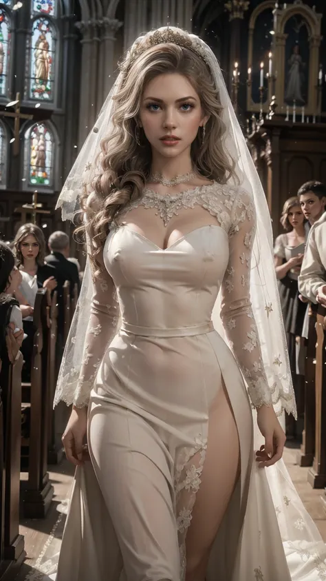 woman in a high front slit wedding dress,wearing see trough dress, inside church, walking down church aisle with open thighs, surrounded by people, detailed face, elegant, photorealistic, 8k, best quality, highly detailed, intricate, dramatic lighting, cin...