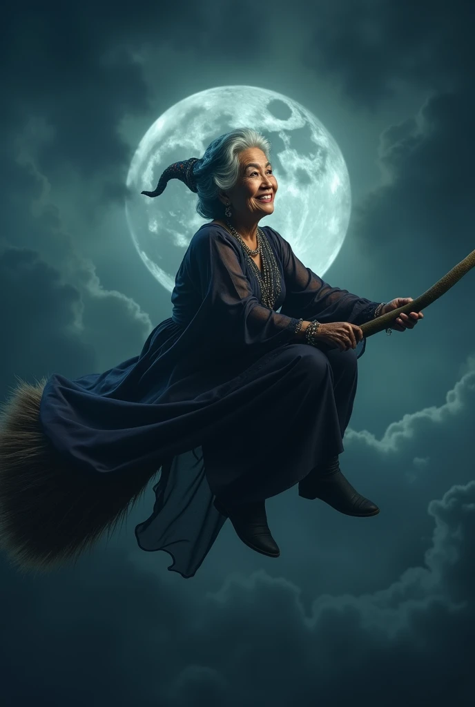 a grandma kebayan riding on a broomstick,old woman,beautiful detailed eyes,beautiful detailed lips,extremely detailed eyes and face,longeyelashes,witch,flying,dark cloudy sky,full moon,night,fantasy,mystical,magical,ethereal,moody,cinematic lighting,(best ...