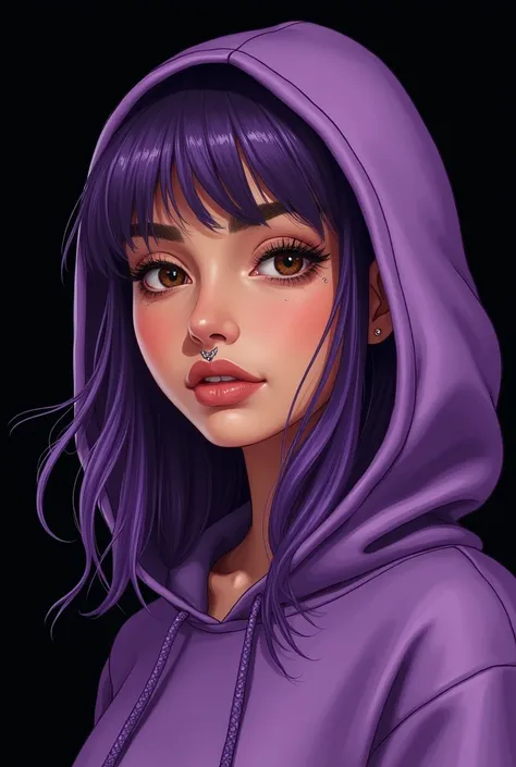 Drawing of a light-skinned Brazilian woman, Round face, side parted hair shoulder length straight purple, wearing purple hoodie, light brown eyes, piercing in the septum and above the lips, black backdrop