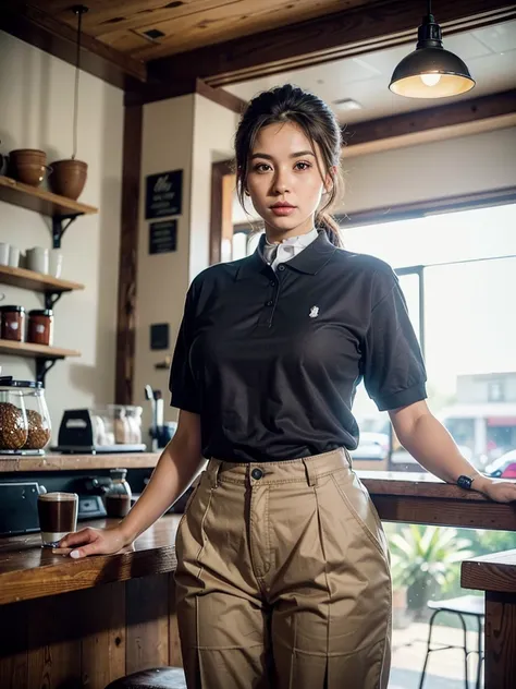 (best quality:1.3), (8K, RAW photo), (realistic, photo-realistic:1.3), high-resolution, ultra-detailed, highly detailed, extremely intricate, film grain, sharp focus, (photo of a 25 year old mature female, female coffee shop employee working at shop:1.5), ...