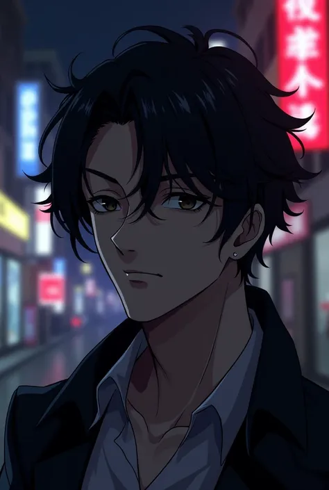 Anime Style　Handsome　male　Shady　Curly hair　Narrow eyes　No eye highlights　sexy　Mole around the mouth　Hair a little longer