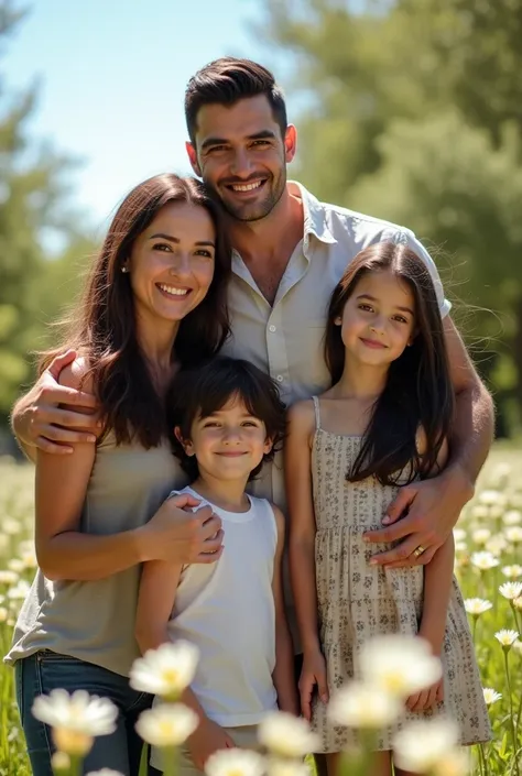 Family of 4 members, the woman and the child with brown hair and brown eyes, the man and the girl with green eyes and black hair