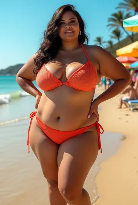 Sexy plus-size model in a transparent bikini with big personal information and lots of invitations.