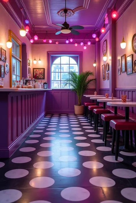 Image of a purple pizzeria with details in the middle checkered with a black square and another white one,and to separate the purple from the black and white add a light shade of pink.