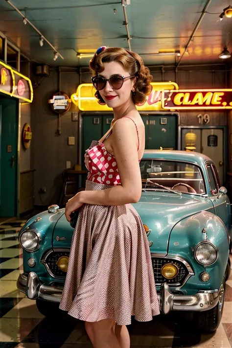 Prompt: Create a photorealistic image of Anna, 25 years old, posing next to a classic car in a retro-themed diner setting. She is wearing a polka dot dress with a flared skirt and cat-eye sunglasses. Her hair is styled in vintage curls, and she has a playf...