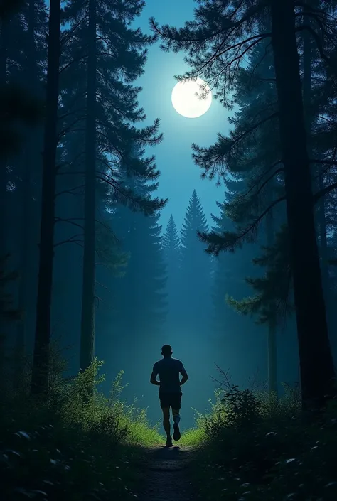 Men running in forest  night alone 