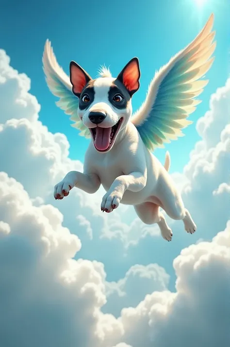 Bull Terrier with wings jumping in the clouds 