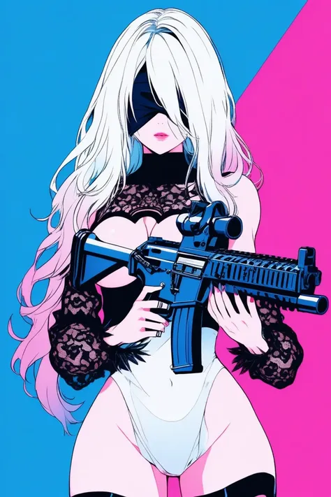 
Illustrator, アニメ , Realistic ,sketch , 1 person, model, lip, A translucent gothic white mini dress with lots of lace, blindfold, eye covered, black blindfold, Has a machine gun, Order, Blue and pink gradient background, Neon colored long hair, Big Breasts...