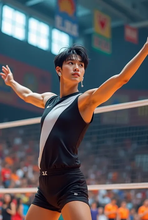 bts jungkook in volleyball uniform black hair with earrings in his ear