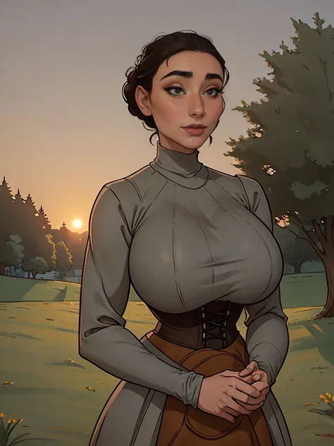 gorgeous and sultry busty athletic (thin) brunette peasant with sharp facial features wearing a modest updo, medieval hair cover...