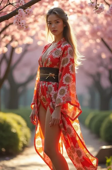 1 European girl wearing kimono, long legs exposed