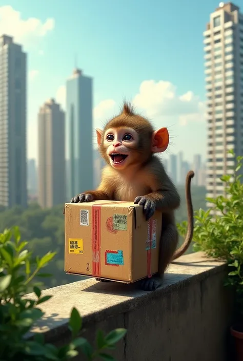 A monkey with a large parcel box waiting to deliver the parcel to a flat balcony in noida make it realistic 