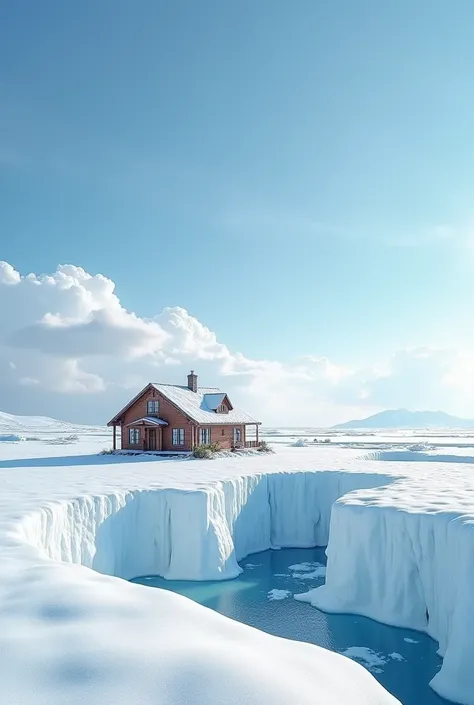 A place which is filled with ice, the sun is showing on the clear sky which has white clouds,in the middle of the ice land there is a cozy home, picture is taken from the from with all the views