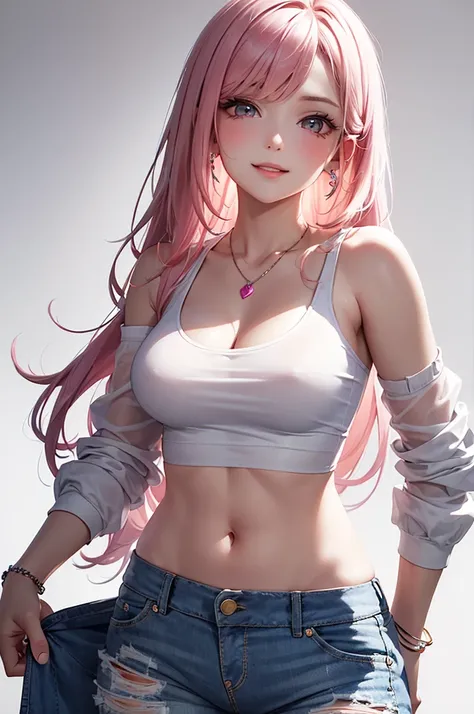 Best Quality,High resolution,8k,(plain white background, no patterns, no textures, just a plain white background:1.3),Masterpiece:1.2),beautiful girl,Shiny pink hair,messy hair,Pink eyes,oversized graphic tank top, paired with pre-ripped jeans, colorful co...