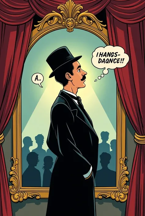 A comic-style vignette of Charles Chaplin in front of a theatre mirror thinking