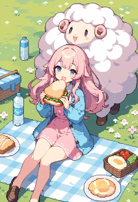 masterpiece, highest quality, 8k, beautiful pixel art, vivid, sheep, young woman, smile, open your mouth, ((fluffy hair)), long ...