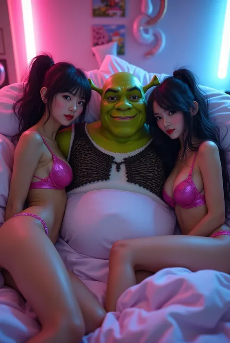 Shrek in a bed with two sexy anime girls with big boobs hot with cyberrealistic style lingerie