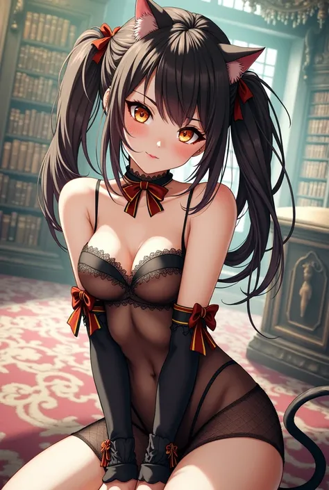 ((best quality)), ((masterpiece)), (detailed), ((highres)), In lavish manor library,  extremely long black hair. Fluffy black cat ears. Long black cat tail on butt, 1catgirl, 20 year old, curvy body, dominant pose, snickering, naked. Heterochromatic eyes, ...