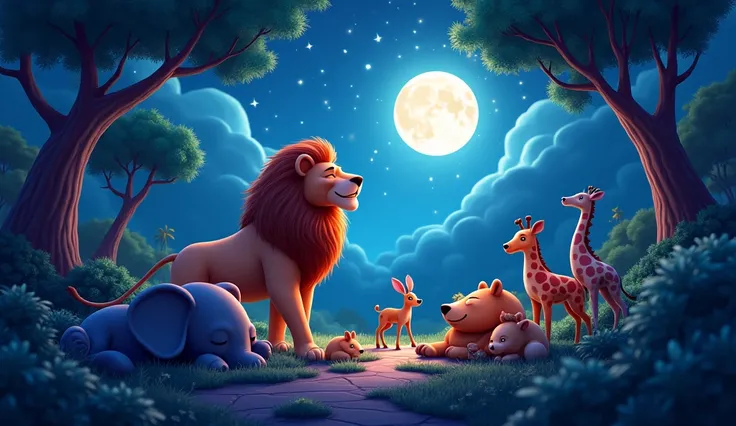 Lion roaring at midnight in jungle as star come out to gleam 3D while elephant giraffe bear deer and rabbits are sleeping3D cartoon 