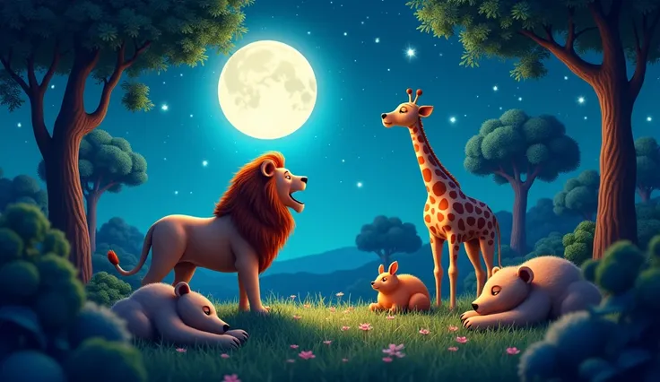 Lion roaring at midnight in jungle as star come out to gleam 3D while elephant giraffe bear deer and rabbits are sleeping3D cartoon 