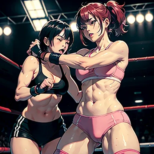 two bloody beautiful Japanese female heavyweight fighters are fighting by extreme bareknuckle boxing in the octagon fighting ring of underground arena with audience. A fierce exchange of dynamic punches. they are beating each other so hard. survival battle...