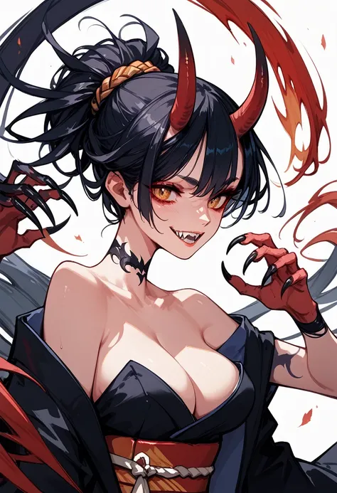 1girl, 独奏, oni girl, japanese kimono, medium breasts, Black kimono, bare shoulders, Cleavage, Demon Horns, Long, sharp claws, tooth, 