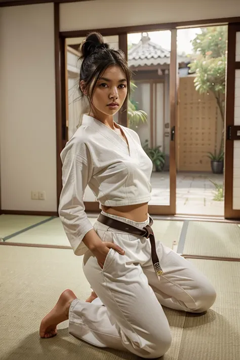 1 girl, solo, looking at viewer, black hair, hair ornament, brown eyes, indoors, hair bun, lips, kneeling, realistic, white pants, nose, tatami, sliding doors, martial arts belt, stand