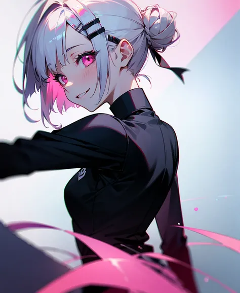 With one person、Short silver bob hair tied in a bun with a hair clip、Pink Eyes、smile、From the side、wear a rider&#39;Jacket、Colors based on red and green