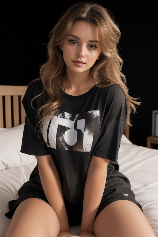 woman wearing a ((oversized t-shirt:1.2)), ((messy hair, bedhead)),  long hair, hyper realistic, 4k, medium breasts,  masterpiec...