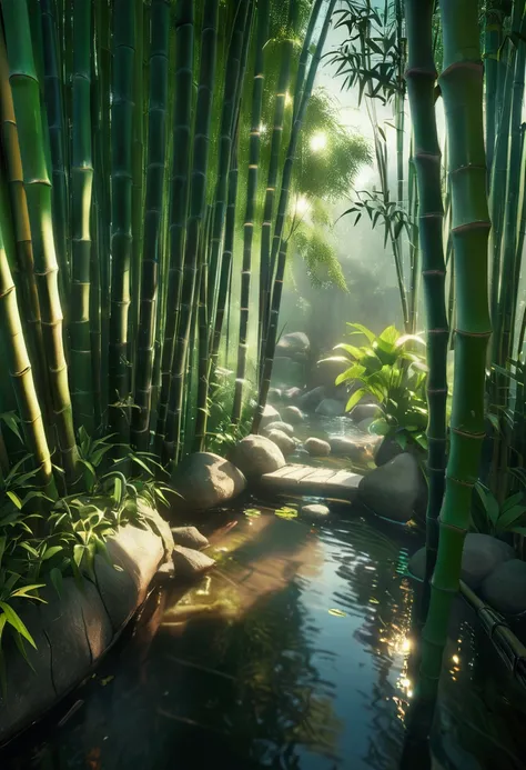 a lush, verdant bamboo forest in the Vietnamese countryside, sunlight filtering through the bamboo stalks, dense foliage, peaceful atmosphere, serene landscape, dramatic shadows, natural textures, tranquil pond, traditional Vietnamese architecture in the d...