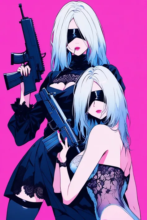 
Illustrator, アニメ , Realistic ,sketch , 2 women,   model, lip, A translucent gothic white mini dress with lots of lace, blindfold, eye covered, black blindfold, Has a machine gun, Order, Blue and pink gradient background, Neon colored long hair, Big Breast...