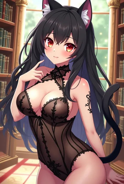 ((best quality)), ((masterpiece)), (detailed), ((highres)), In lavish manor library,  extremely long black hair. Fluffy black cat ears. Long black cat tail on butt, 1catgirl, 20 year old, curvy body, dominant pose, snickering, naked. Heterochromatic eyes, ...