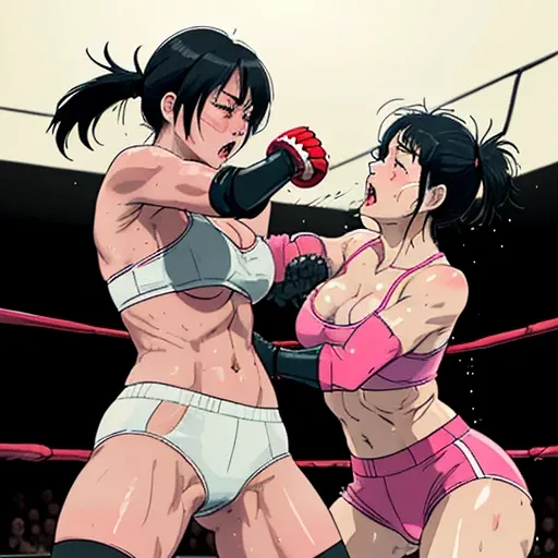 two bloody beautiful Japanese female heavyweight fighters are fighting by extreme bareknuckle boxing in the octagon fighting ring of underground arena with audience. A fierce exchange of dynamic punches. they are beating each other so hard. survival battle...