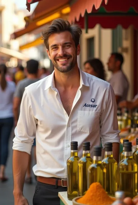 image of a man in a white shirt, buying olive oil at a street market in Spain, On the shirt it says "Acesur"