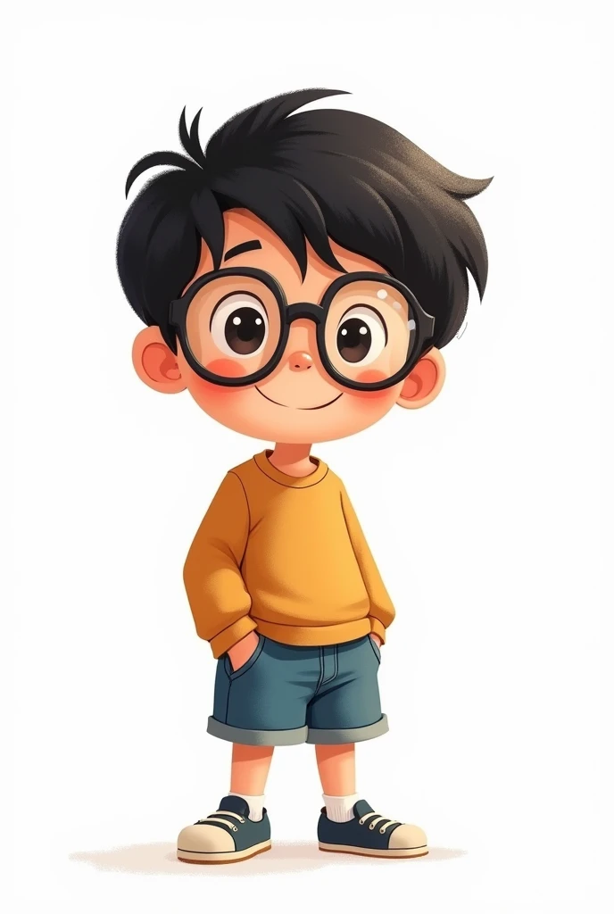 Boy, poses and expressions, looking at the camera, full body, sideways, white background, childrens book illustration style,
simple, cute, 6 years old, bright colors, short black hair, fair skin, long-sleeved shirt,
denim shorts, with glasses.